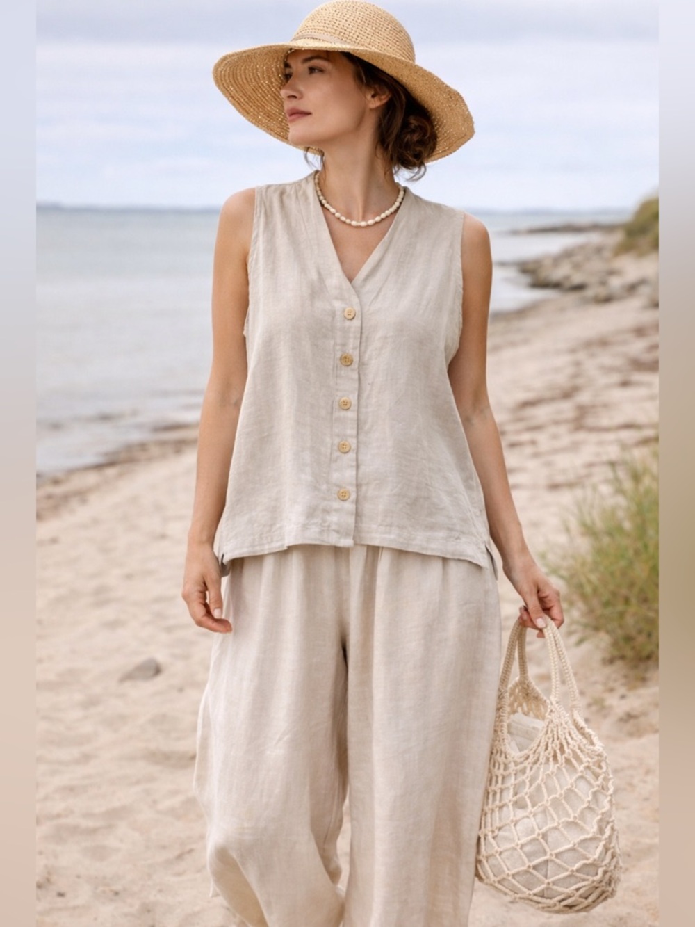 ESKANDAR LINEN HIGH QUALITY LAGENLOOK BUTTON SLEEVELESS TUNIC TOP SIZE XL EUC